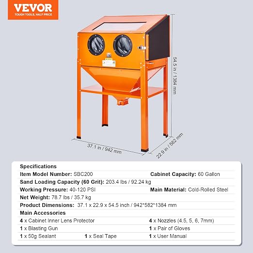 60 Gallon Sandblasting Cabinet, 40-120PSI Sand Blasting Cabinet with Stand, Heavy Duty Steel Sand Blaster with Blasting Gun & 4 Ceramic Nozzles for Paint, Stain, Rust Removal