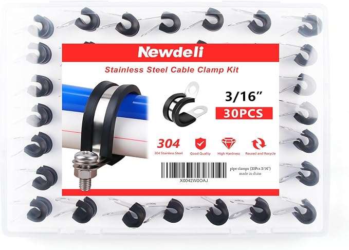 Newdeli 30Pcs Cable Clamps 3/16 Inch Stainless Steel Cable Clamp Rubber Cushioned Hose Clamp Insulated Tube clips Automotive Wire Pipe Clamps
