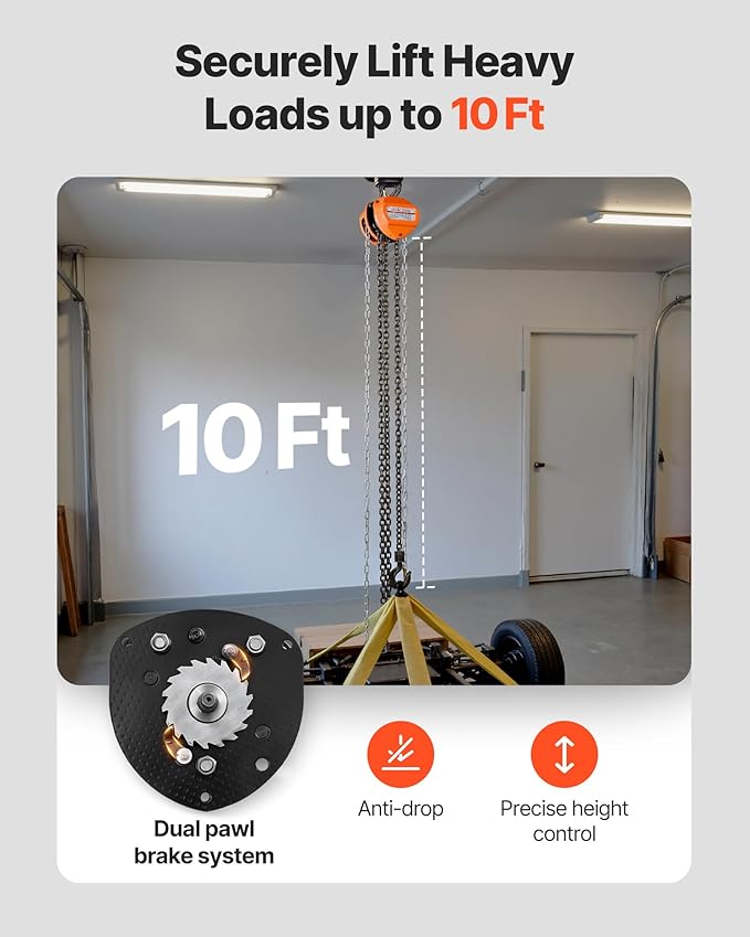 VEVOR Hand Chain Hoist, 1 Ton 2200 lbs Capacity, Manual Chain Block with Upgrade G80 Galvanized Chain, 10 ft Lifting Height, Heavy Duty Pulley Hoist for Garage Warehouse Automotive Machinery, Orange