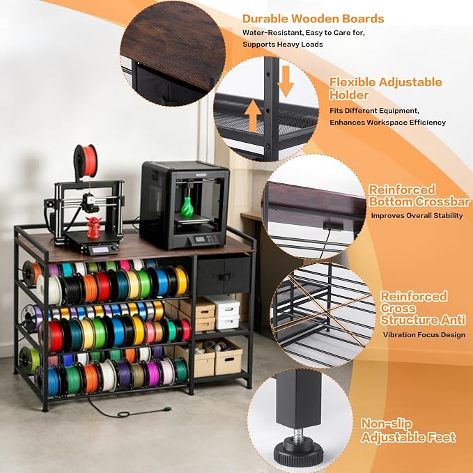 3D Printer Stand with Filament Storage Rack, Heavy Duty Metal Frame Workstation, 3-Tier 3D Printer Table with Tool Shelf for Stable Printing, Home Office Workshop Garage