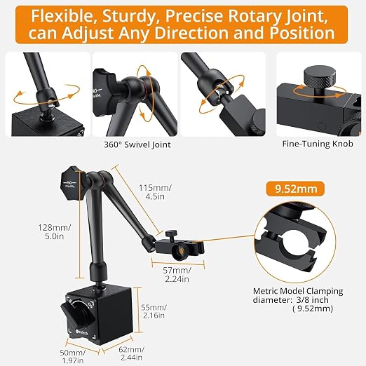 Neoteck 0-0.03"/0.0005" Test Indicator with 176lbs Pull Magnetic Base Stand | 80kg Max Pull，3/8 inch (9.52mm) Clamping Hole，Black，Widely Used in Narrow Area Measurement，Ideal for CNC Operators