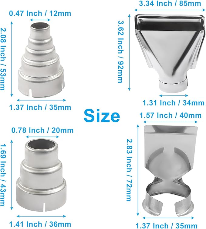 Hitefu 4 Pcs Stainless Steel Heat Gun Nozzles Kit, 35mm/M18 Reflector Heat Resisting Attachments for Hot Air Guns & Soldering Stations