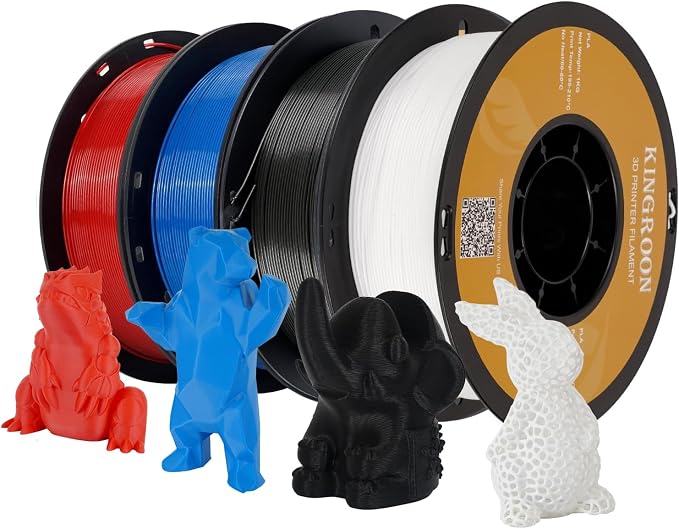 Kingroon PLA 3D Printer Filament, Dimensional Accuracy +/- 0.02 mm, 1 kg Spool(2.2lbs), 1.75 mm，4kG Black+White+Red+Blue