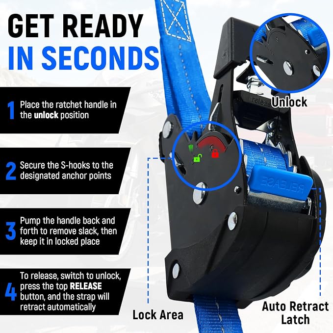 Retractable Ratchet Straps (Patented-2pack) - 1 inch x 10Feet (1,800lb Break Strength) Auto Self Retracting Tie Down Straps - Self Retractable Straps with Refletcive for Motorcyle, Truck or Cargo