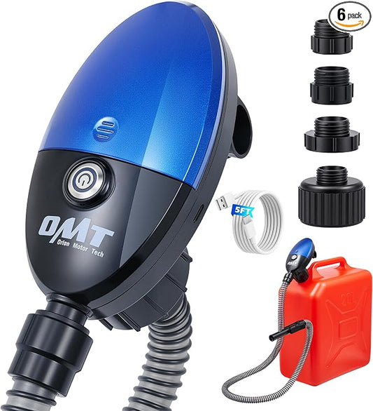 Orion Motor Tech Electric Fuel Transfer Pump with Auto-Shutoff, 3.2GPM Gas Can Pump, 51" Hose, USB-C & AA Battery (NO BATTERIES INCLUDED) Powered, 4 Adapters for Gasoline, Diesel, Kerosene, Blue