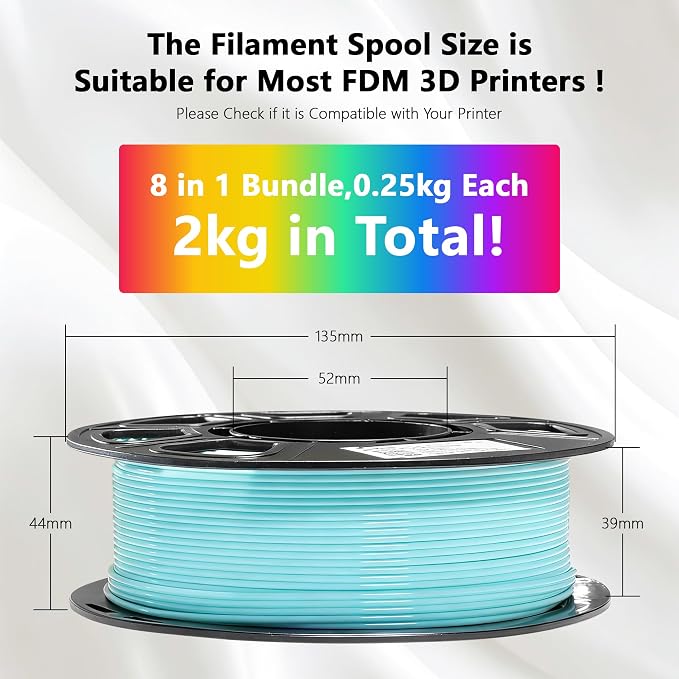 1.75mm 3D Printer PLA Filament 8 Colors Bundle: Pink, Yellow, Orange, Lime Green, Sky Blue, Cyan, Beige, Rose Red, 8 Spools Packed, Each 250g, Total 2Kg 3D Printing Material, 250g x 8 Spools