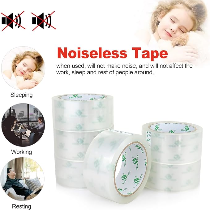 BOMEI PACK No Noise Silent Packing Tape 6 Rolls 1.88" x 55 Yards, Industrial Heavy Duty Packaging Tape for Packing Shipping Moving and Storage