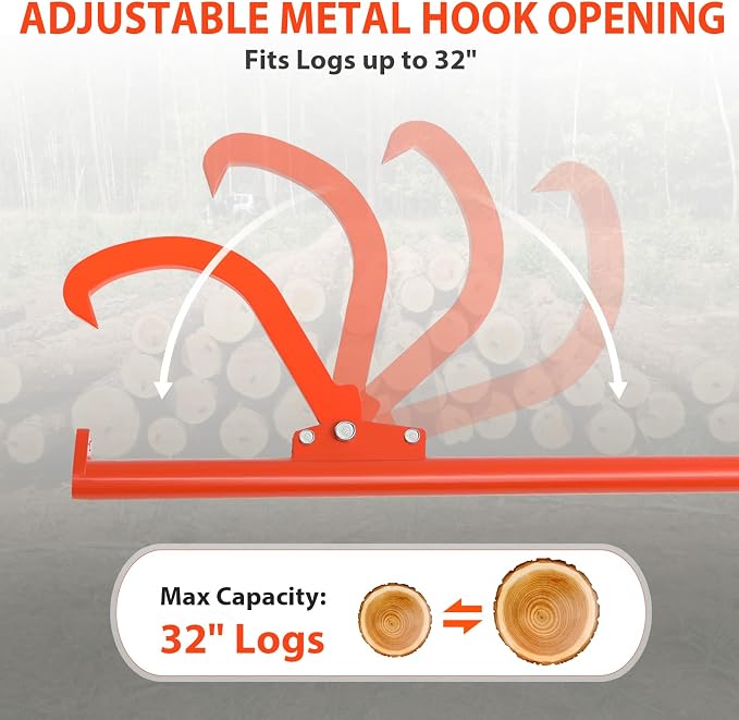 60" Long Handle Log Lifter, Adjustable Heavy Duty Log Roller, Cant Hook with Rubber Grip, Logging Tool for Rolling Log (Orange)