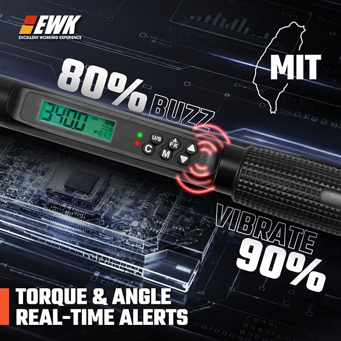 EWK 1/2" Drive Digital Angle Torque Wrench 12.5-250 ft-lbs (17-340 Nm) | ISO 6789, ±1.5% clockwise / ±2.5% counterclockwise/ ±2% Angle, LCD Display, LED Buzzer Vibration Alert, 30 Memory Values