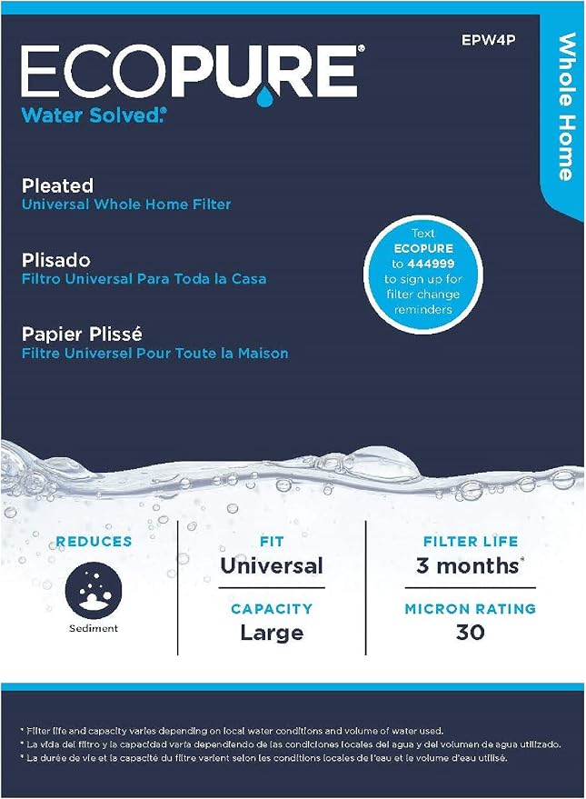EcoPure EPW4P Pleated Whole Home Replacement Water Filter-Universal Fits Most Major Brand Systems, 1 Count, White/Blue (Pack of 3)