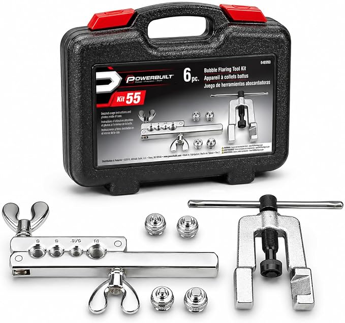 Powerbuilt ISO Bubble Flaring Tool Set for Hydraulic Brake Lines, 6 Piece Car Service Kit, Yoke, T-Handle, Adapters, Storage Case - 648990