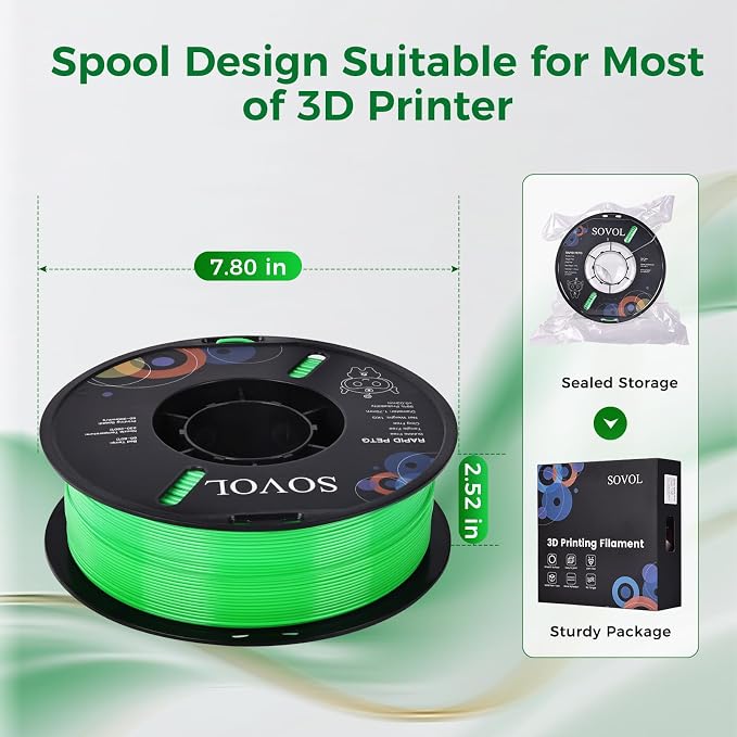 Sovol 3D Printer Rapid PETG Filament 1.75mm 1KG (2.2lbs), High Precision, Strong Toughness, Wiring Tightness, Dimensional Accuracy +/- 0.03 mm, 3D Printing High Speed PETG Filaments, Grass Green