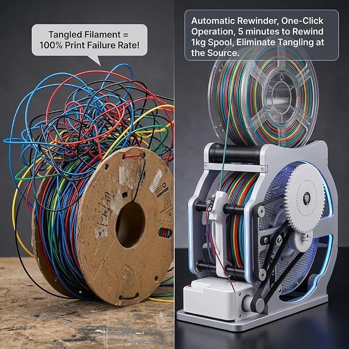 Electric 3D Filament Respooler, 3D Industrial Filament Respooler Machine, Automatic Spool Winder Machine with Smart Start & Stop, Adjustable Tension Control, Wrap Neatly Without Tangling