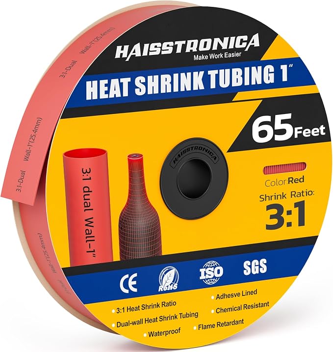 haisstronica 3:1 Heat Shrink Tubing, Shrink Ratio Adhesive Lined Marine Grade Heat Shrink Tube for Home, Automotive and Industrial (Red) 65FT 1inch