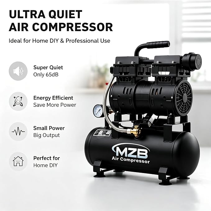 MZB 2.4 Gallon Ultra Quiet Air Compressor 1.0HP 110V/60Hz 5.65CFM, MAX 115PSI Steel Tanks Oil-Free 65dB Noise Level Air Compressor for Spray Painting, Auto Repair, Carpentry Decoration