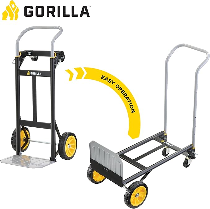 Gorilla 400 lbs. Convertible Steel Hand Truck, Simple Flatbed Conversion; Wide Grip Telescoping Handle, Flat-Free Tires