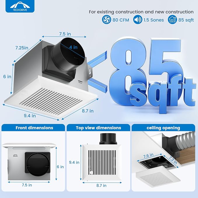 Tech Drive Bathroom Fan with Humidity sensor,80 CFM,1.5 Sone,4 Inch Duct | Very Quiet,No Attic access Needed Installation, HVI and Energy Star Certified, Easy to Install