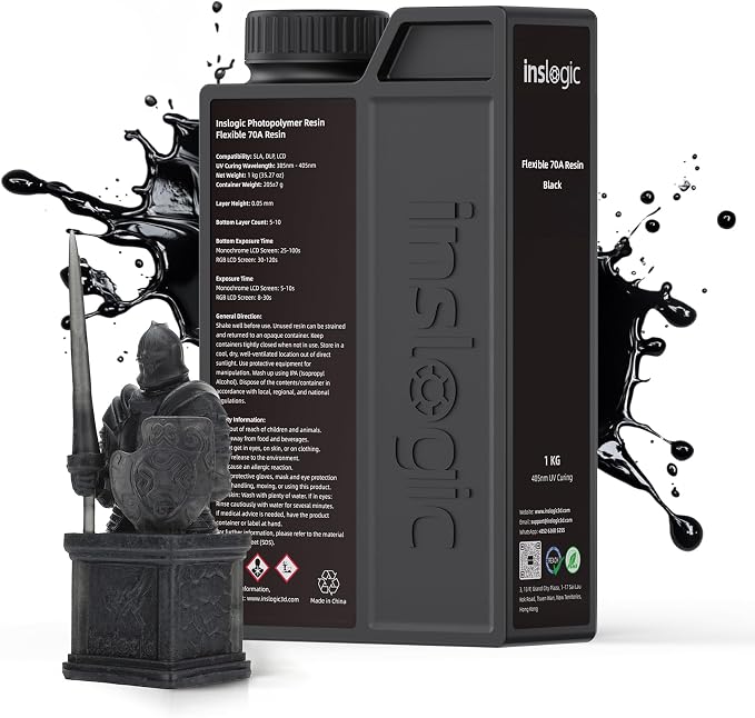 Inslogic Flexible 70A Resin 3D Printer Resin, 1KG 3D Printing Resin for Printing Soft and Flexible Items, Bendable and Not Brittle, Fast Curing 405nm UV Photopolymer Resin, 1KG Black