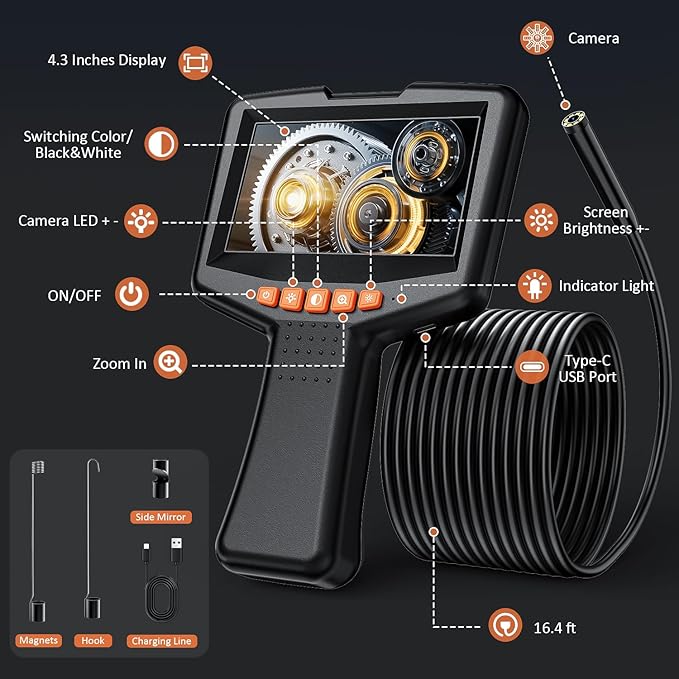Endoscope Camera with Light: 4.3" 1080P HD Inspection Borescope Camera for Sewer - 16.4ft Waterproof Industrial Endoscope - Flexible Snake Bore Scope for Plumbing Automotive