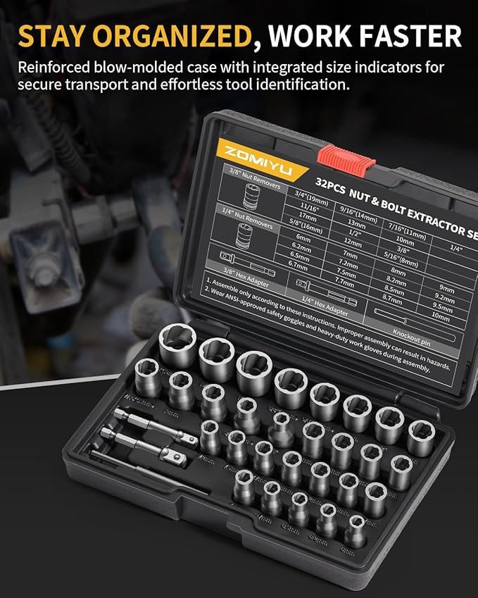 Bolt Extractor Kit, 32 Piece Easy Out Lug Nut Removal Tool, 1/4" & 3/8" Drives Damaged Bolt Extractor Socket Set for Stripped, Broken, Rusted, Rounded Fasteners