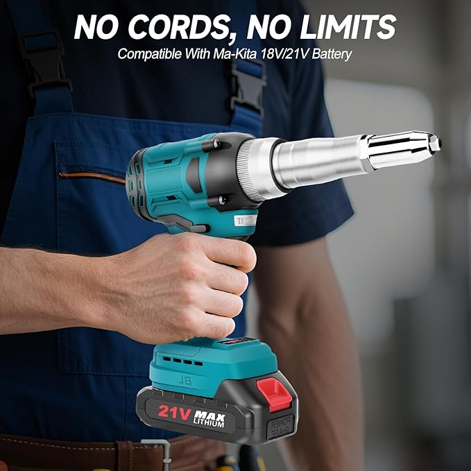 Cordless Rivet Gun with 2×2.0Ah Battery, Automatic Electric Rivet Gun Tool Brushless Pop Rivet Gun Kit for 3/32", 1/8", 5/32", 3/16" Rivets for Metal, Plastic and Leather