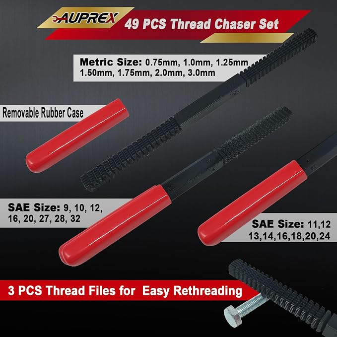 AUPREX 49Pcs Thread Chaser Set, UNC, UNF & Metric Thread Repair Kit with Taps, Dies and Thread Files for Re-Threading, Universal Metric and SAE Thread Chaser Kit