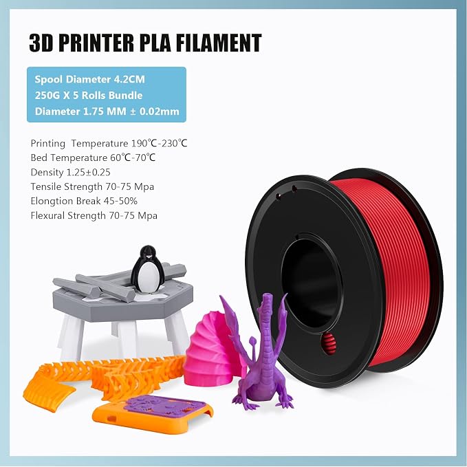 3D Printer Filament PLA 1.75mm 3-D Printing Materials 5 Color Bundle Print Filimate 1.75 mm White Black Clear Red Orange Filiment1.75 Accuracy ±0.02mm Fillament Spool Vacuum Pack 250G X 5 Roll