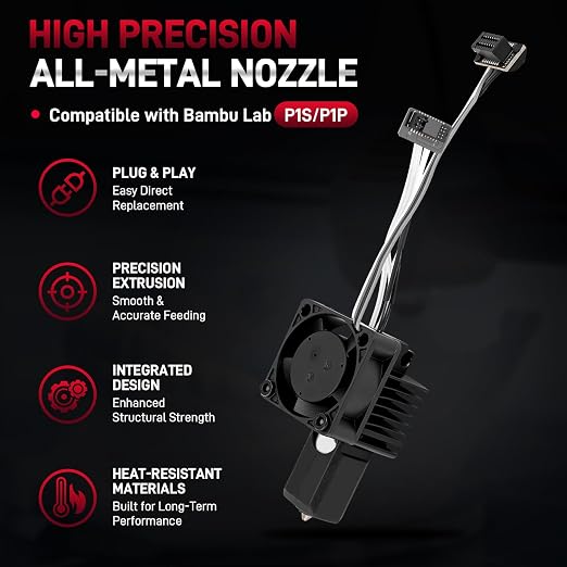 0.4mm Hardened Steel Hotend Kit Compatible with Bambu Lab P1P / P1S 3D Printers, 0.4 mm Nozzle, Complete Assembly with Cooling Fan, Ceramic Heater & Thermistor, Supports Up to 300°C