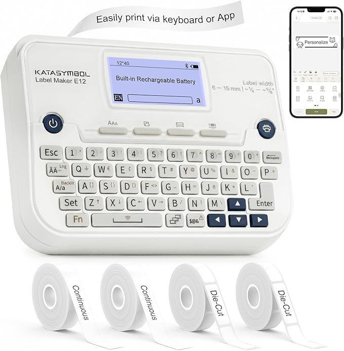 SUPVAN E12 Bluetooth Label Maker Machine with 4 Tapes, Support Keyboard & App with 30+ Fonts and 660+ Icons, Rechargeable Inkless Labeler for Office, Home, Kitchen, School, Organization, White