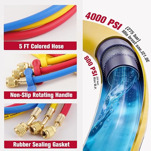 3-Way R454B AC Gauge Set, HVAC A2L Manifold Gauges for R454B/R32/R410A/R22 Refrigerant with A2L/R410a Adapters, 5FT Hoses