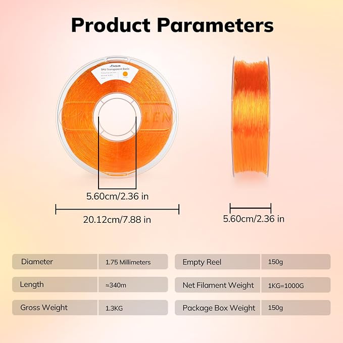 AMOLEN 95A TPU 3D Printer Filament 1.75mm, High Hardness & Resilience TPU Transparent Orange Filament, 1KG Flexible 3D Filament, Dimensional Accuracy +/- 0.02mm, Suitable for Most FDM 3D Printers