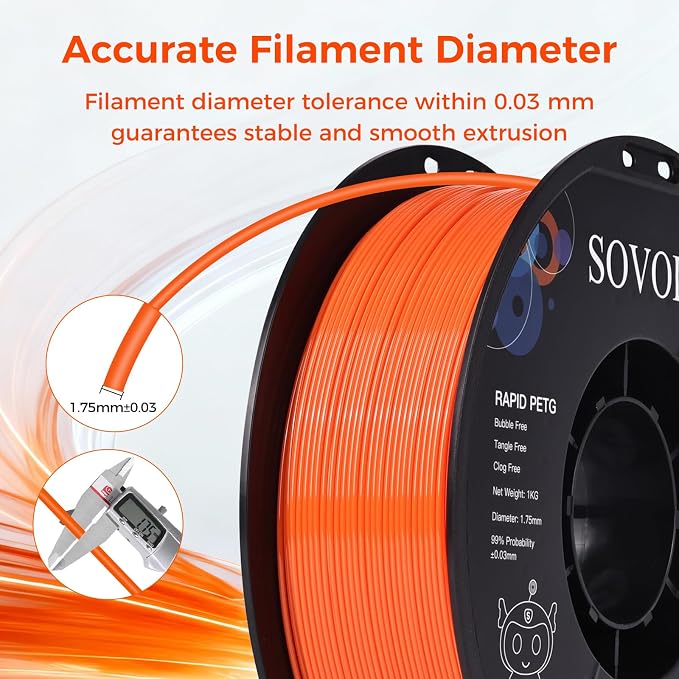 Sovol 3D Printer Rapid PETG Filament 1.75mm 1KG (2.2lbs), High Precision, Strong Toughness, Wiring Tightness, Dimensional Accuracy +/- 0.03 mm, 3D Printing High Speed PETG Filaments, Orange