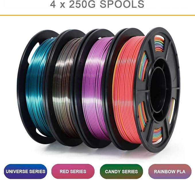 RepRapper Rainbow PLA Filament, Shiny Multicolor Silk PLA 1.75 mm Filament (+-0.03 mm), Sparkle Fast Change Multi-Color 250g*4 Sample Pack 3D Printer Filament for 3D Printer，250g*4