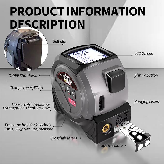 Laser Tape Measure 3 in 1 Laser Rangefinder Tape Measure
