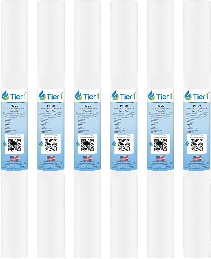 Tier1 5 Micron 20x2.5 Water Filter | Spun Wound Polypropylene Whole House Sediment Cartridge | Replacement for Pentek P5-20, 155016-43, SDF-25-2005 | 2.5 x 20 P5-20 Water Filter (6-Pack)