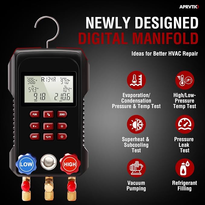 Digital Manifold Gauge Set with 112 Refrigerants, HVAC Digital AC Gauges for Automotive & Refrigeration Systems, Superheat Subcooling, Pressure Loss Test, 3000 PSI Hoses, R134a R22 R12 R454B