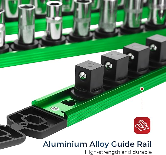 Reniteco Magnetic Socket Organizer Set, 3PC 3/8-Inch Drive Aluminum Alloy Socket Rail, Heavy Duty Magnetic Socket Holder for Tool Box Drawer, 360° Swivel Socket Rack, 3/8" x 42 Clips, Green