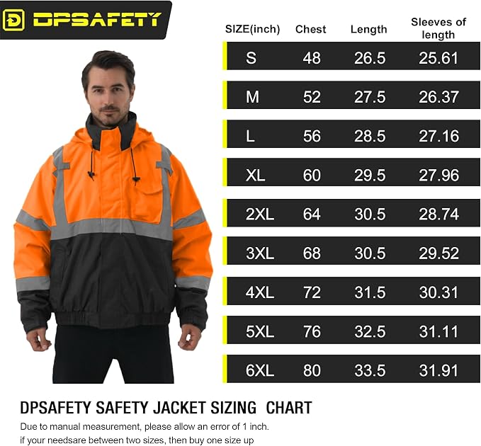 3 in 1 Safety jacket,Reflective high Visibility Hooded jacket,Hi Vis Bomber Jacket shell and fleece lining,Waterproof,ANSI Class 3 Black Bottom Orange,5XL