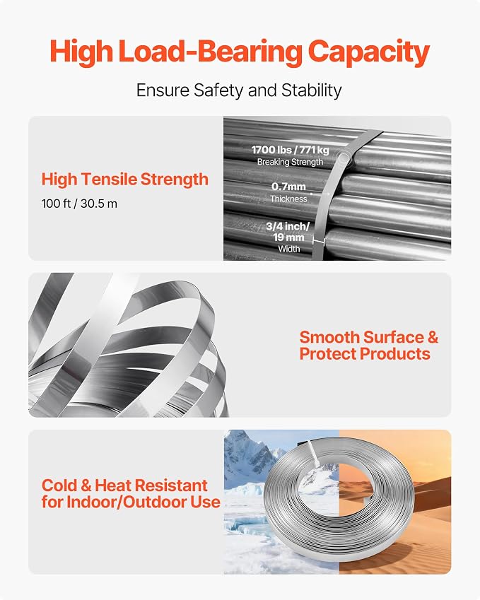 VEVOR Steel Banding Strapping Kit, Heavy Duty Banding Sealer Tool with 100 ft Binding Straps, 100 Metal Clasps, Manual Pallet Packaging Strapping Kit for Warehouse, Transportation, Industrial Bundling