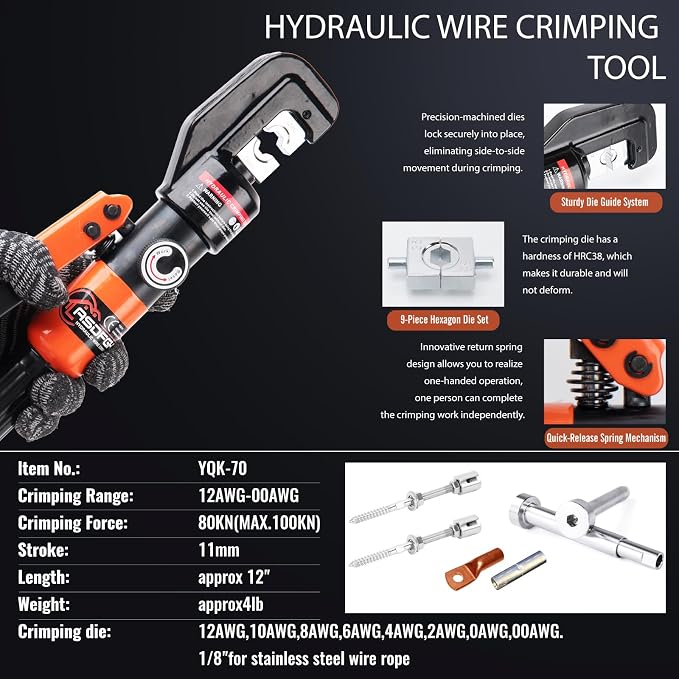Hydraulic Crimping Tool, Hydraulic Hand Crimper Tool & Cable Cutter Kit | Compatible with 1/16" to 3/16" Stainless Steel Cable | Includes 9 Dies for 12 AWG to 2/0 Gauge Wires