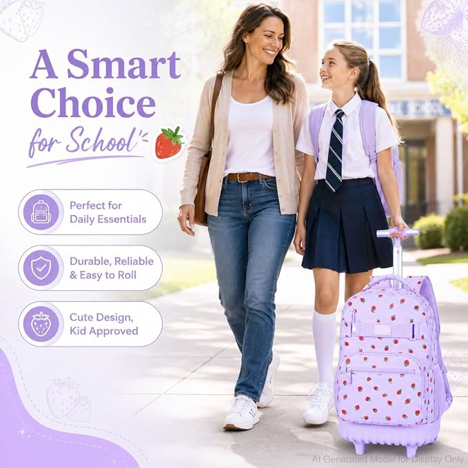 3Pcs Rolling Backpack for Girls Women, Travel Roller Backpacks with Wheels for Adults, Teens College Strawberry Wheeled Bookbag with Lunch Box (Purple)