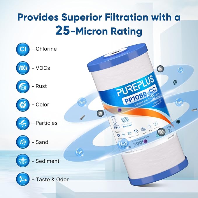 PUREPLUS 25 Micron 10" x 4.5" Whole House Sediment and Carbon Water Filter Replacement Cartridge for GE FXHTC, GXWH40L, GXWH35F, GNWH38S, Culligan RFC-BBSA, WRC25HD, PP10BB-CC, Pentek RFC-BB, 3Pack