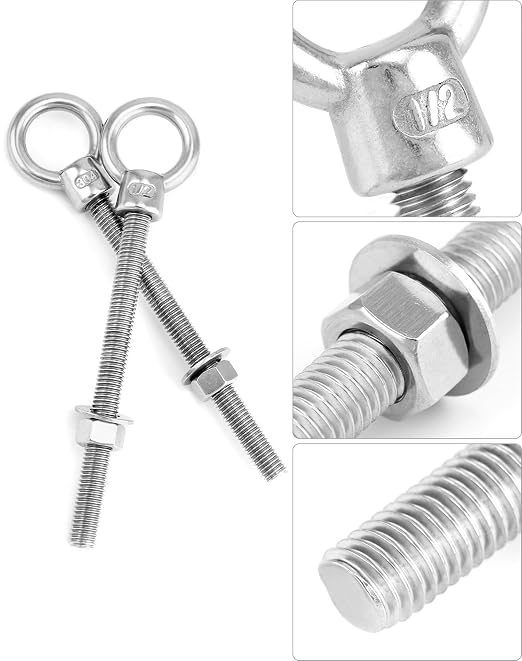 QWORK Threaded Eyebolts, 10 Pack 1/2"x6" Long Stainless Steel Marine Grade Shoulder Eye Bolt