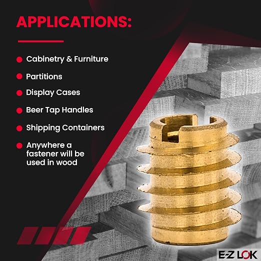 E-Z LOK Knife Threaded Insert for Hard-Wood, Brass Thread Inserts 8-32 Internal Threads, 0.375" Length Pack of 25