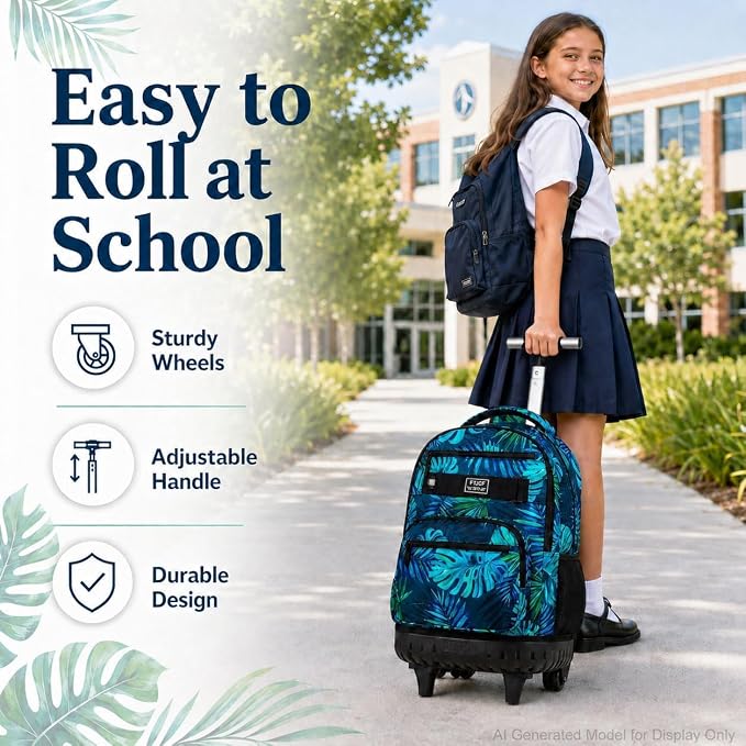 3Pcs Rolling Backpack for Boys Men, Travel Roller Backpacks with Wheels for Adults, Teens College Leaf Wheeled Bookbag with Lunch Box(Green)