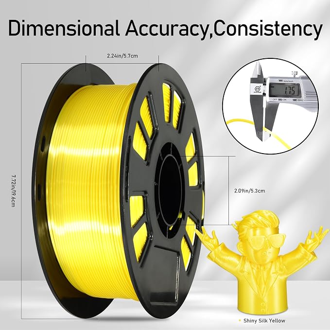 Silk Yellow PLA Satin Shiny 3D Printer Filament, 1.75mm Diameter 1kg Spool 2.2lbs for FDM 3D Printers