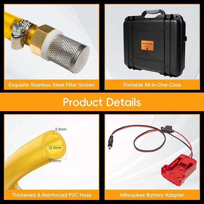 24V 120GPH Fuel Transfer Pump Set with Upgraded Carrying Case & Battery Adapter, Compatible with Milwaukee M18 Battery, for Vehicles, Boats(120GPH 24V, Pump with Red Adapter)