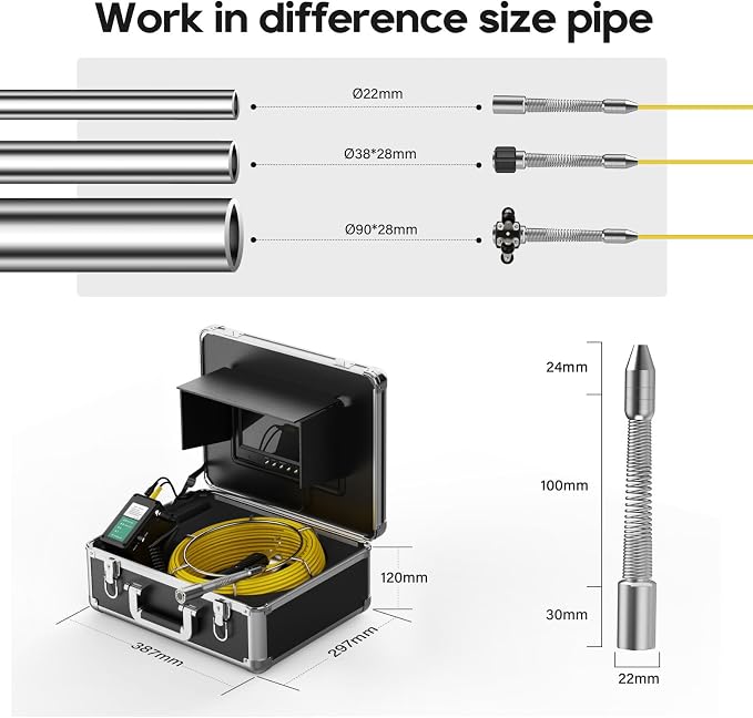 9'' Monitor Sewer Camera,HD 1000TVL,0.072ft/22mm Endoscope with 12pcs LED Lights, IP68 Waterproof Pipe Drain Inspection Camera with DVR 16GB TF Card (20M/65.6FT)