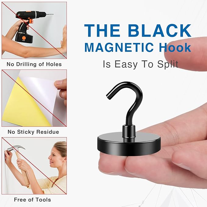 LOVIMAG Magnetic Hooks Heavy Duty, 130LBS, 4 Pack | Magnet with Hook for Cruise Cabins, Classroom, Kitchen Essentials, Door Decoration, Refrigerator, Black