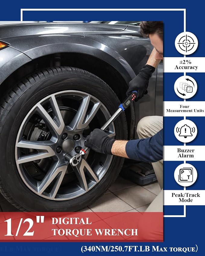 1/2 Drive Digital Torque Wrench ±2% Accuracy 4 Unit For Car Repair | 12.54-250.7ft-lb (17-340 N.m)，4 Unit: N·m, in-lb, ft-lb, kg·m，Extended Design：26.5”，Peak & Track Modes，LED & Buzzer Alarm